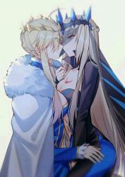 Rule 34 | 2girls, ahoge, artoria pendragon (fate), artoria pendragon (lancer) (fate), asymmetrical docking, bad id, bad pixiv id, black dress, blonde hair, blue eyes, braid, breast press, breasts, cape, chain, chest tattoo, cleavage, cowboy shot, crown, cuffs, dress, fate/apocrypha, fate/grand order, fate (series), from side, fur cape, gold trim, hidden eyes, imminent kiss, incest, large breasts, long hair, medium breasts, morgan le fay (fate), multiple girls, shackles, siblings, sidelocks, simple background, sisters, swept bangs, tattoo, veil, very long hair, white background, yorukun, yuri