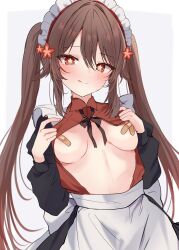 Rule 34 | 1girl, :q, alternate costume, apron, bandaid, bandaids on nipples, black ribbon, black skirt, blush, border, breasts, breasts apart, brown hair, closed mouth, collared shirt, cowboy shot, dot nose, enmaided, flower, flower-shaped pupils, genshin impact, grey background, hair flower, hair ornament, highres, hu tao (genshin impact), long hair, long sleeves, looking at viewer, maid, maid headdress, maruro, neck ribbon, open clothes, open shirt, opened by self, outside border, pasties, red eyes, red flower, red shirt, ribbon, shirt, sidelocks, simple background, skirt, small breasts, smile, solo, symbol-shaped pupils, tongue, tongue out, twintails, white apron, white border