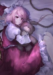 Rule 34 | 1girl, bear, bed, bed sheet, blonde hair, collared shirt, empty eyes, false smile, flandre scarlet, frilled hat, frilled shirt, frilled shirt collar, frilled skirt, frilled sleeves, frills, gem, hat, hat ribbon, highres, hug, hugging doll, hugging object, jewelry, juliet sleeves, knot, long skirt, long sleeves, medium hair, on bed, ponytail, puffy long sleeves, puffy sleeves, red eyes, red gemstone, red ribbon, red skirt, red vest, ribbon, rope, rope around neck, rust, shirt, side ponytail, skirt, sleeves past wrists, smile, stuffed animal, stuffed toy, suicide, t terano, teddy bear, teeth, touhou, vampire, vest, white headwear, white shirt, wings, yellow gemstone