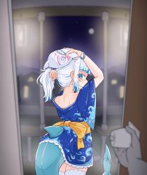 Rule 34 | 1girl, blue eyes, blue hair, city lights, door, doorway, fins, fish tail, gawr gura, highres, hololive, hololive english, japanese clothes, kimono, mask, moral cacoethes, multicolored hair, night, pov doorway, shark tail, streaked hair, tail, thighhighs, virtual youtuber, white hair