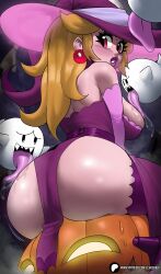 Rule 34 | 1girl, absurdres, alternate costume, alternate eye color, ass, blonde hair, boo (mario), breasts, commentary, dress, earrings, echo saber, elbow gloves, english commentary, gloves, hat, highres, jewelry, large breasts, licking, licking breast, long hair, looking at viewer, mario (series), nintendo, parted lips, princess peach, purple dress, purple gloves, purple headwear, purple lips, red eyes, sitting, strapless, strapless dress, super mario bros. 1, thick thighs, thighs, tongue, tongue out, witch hat