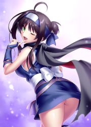 Rule 34 | 1girl, :d, ahoge, ass, back bow, bare shoulders, black hair, black scarf, blue gloves, blue kimono, blurry, blush, bow, breasts, commentary request, commission, depth of field, elbow gloves, eyelashes, eyes visible through hair, finger to mouth, fingerless gloves, floating hair, forehead protector, from behind, gloves, green eyes, head tilt, hitachi mako, index finger raised, japanese clothes, kimono, large breasts, looking at viewer, looking back, ninja, one eye closed, open mouth, parted bangs, purple background, scarf, senren banka, shiny skin, short hair with long locks, short kimono, short ponytail, simple background, skeb commission, smile, solo, standing, straight hair, thighs, v-shaped eyebrows, white bow, zen (kamuro)