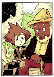 Rule 34 | 2boys, beard, brown hair, cane, crossover, dark-skinned male, dark skin, facial hair, hat, kingdom hearts, multiple boys, old, old man, setz, sitting, song of the south, sora (kingdom hearts), spiked hair, tree, uncle remus