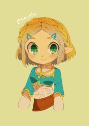 Rule 34 | 1girl, artist name, braid, closed mouth, commentary, green background, green eyes, happy, highres, looking at viewer, nintendo, pointy ears, princess zelda, shirt, short hair, simple background, smile, solo, the legend of zelda, the legend of zelda: tears of the kingdom, tokuura, upper body