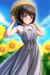 Rule 34 | 1girl, absurdres, bare arms, black eyes, black hair, blue sky, blush, closed mouth, cloud, collarbone, dated commentary, day, dress, flower, grey dress, hands on headwear, hat, highres, holding, holding clothes, holding hat, looking at viewer, matsunaga kouyou, original, outdoors, shirt, short hair, short sleeves, sky, smile, solo, standing, sunflower, white shirt
