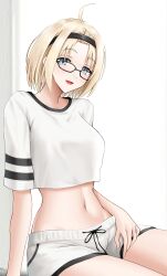 Rule 34 | 1girl, :d, ahoge, azur lane, bataan (azur lane), black-framed eyewear, black hairband, blonde hair, blue eyes, breasts, commentary request, crop top, glasses, groin, hairband, highres, jakqbigone, large breasts, looking at viewer, midriff, navel, open mouth, shirt, short hair, short shorts, short sleeves, shorts, sitting, smile, solo, stomach, thighs, white shirt, white shorts