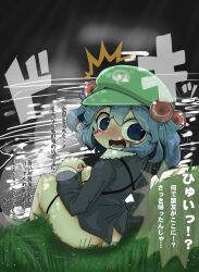 Rule 34 | 1girl, @ @, ^^^, ass, blue eyes, blue hair, blush, bottomless, commentary request, fang, flat cap, full body, grass, green hat, grey shirt, hair bobbles, hair ornament, hat, highres, kawashiro nitori, long sleeves, looking at viewer, looking back, medium hair, nose blush, onaji (sokudo seigen), open mouth, river, shirt, sitting, solo, surprised, teeth, tongue, tongue out, touhou, translation request