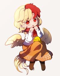 Rule 34 | 1girl, absurdres, animal, bird, bird tail, bird wings, blonde hair, blush, boots, brown footwear, chick, dress, dungeon toaster, feathered wings, full body, highres, long sleeves, multicolored hair, niwatari kutaka, open mouth, orange dress, red eyes, red hair, shirt, short hair, solo, tail, touhou, two-tone hair, white shirt, wings, yellow wings
