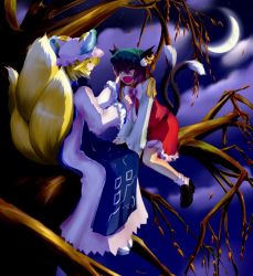 Rule 34 | 2girls, animal ears, animal hat, ankle socks, bad id, bad pixiv id, blonde hair, bow, brown hair, cat ears, cat tail, chen, closed eyes, cloud, crescent moon, dress, earrings, fang, fox tail, frilled skirt, frills, hand on another&#039;s cheek, hand on another&#039;s face, hat, hat with ears, in tree, jewelry, long sleeves, looking at another, meo (meiouseiunagi), mob cap, moon, multiple girls, multiple tails, night, open mouth, outdoors, mob cap, short hair, sitting, skirt, skirt set, sky, socks, star (sky), starry sky, tabard, tail, touhou, tree, yakumo ran, yellow eyes