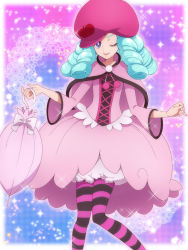 Rule 34 | 10s, 1girl, bad id, bad pixiv id, blue eyes, blue hair, blush, dress, happinesscharge precure!, hat, hosshiwa, long hair, looking at viewer, matching hair/eyes, mogiki hayami, one eye closed, pantyhose, petticoat, pink hat, precure, ringlets, smile, solo, striped clothes, striped pantyhose, umbrella