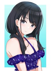 Rule 34 | 1girl, bare shoulders, bikini, black hair, blue background, blue eyes, blush, border, breasts, cleavage, closed mouth, collarbone, gradient background, highres, idolmaster, idolmaster shiny colors, jewelry, kazano hiori, long hair, looking at viewer, low twintails, medium breasts, mitsukazu (nijigen complex), mole, mole under mouth, necklace, off-shoulder bikini, off shoulder, solo, swept bangs, swimsuit, twintails, white border
