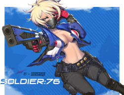 Rule 34 | 1girl, absurdres, alternate eye color, alternate hair color, ammunition belt, artist name, b-anma, bandolier, belt, belt pouch, bikini, bikini top only, black bikini, black footwear, black pants, blonde hair, blue sky, boots, breasts, character name, cleavage, cloud, cloudy sky, collarbone, covered mouth, cowboy shot, crop top, cropped jacket, energy gun, explosive, eyelashes, finger on trigger, full-length zipper, genderswap, genderswap (mtf), gloves, grenade, gun, hand on own head, highres, holding, holding gun, holding weapon, holster, jacket, jacket over swimsuit, knee boots, large breasts, legs apart, long sleeves, looking at viewer, mask, medium breasts, messy hair, mole, mole under eye, mouth mask, navel, no scar, overwatch, overwatch 1, pants, pocket, pouch, red eyes, red gloves, scabbard, sheath, sheathed, shell, short hair, shotgun shell, sky, soldier: 76 (overwatch), solo, stomach, swimsuit, thigh holster, thigh strap, visor, weapon, zipper