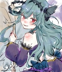 Rule 34 | 1girl, artist request, black hairband, blue hair, chaos aurora (grimms notes), detached sleeves, grimms notes, hairband, highres, light blue hair, long hair, messy hair, red eyes, solo
