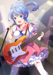 Rule 34 | 1girl, :d, amiami (shop), blue eyes, blue hair, blue necktie, blush, breasts, copyright name, electric guitar, female focus, guitar, instrument, large breasts, lightning bolt symbol, lilco, lilco (amiami), matching hair/eyes, microphone, microphone stand, necktie, open mouth, school uniform, smile, solo, thighhighs, twintails, white thighhighs, yumekui