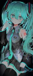 Rule 34 | 1girl, :&lt;, absurdres, black background, black skirt, black sleeves, black thighhighs, blue eyes, blue hair, blue nails, blue necktie, blush, breasts, closed mouth, collared shirt, commentary, cowboy shot, detached sleeves, frilled shirt, frills, grey shirt, hair ornament, hatsune miku, head tilt, headset, highres, legs together, long sleeves, looking at viewer, medium breasts, microphone, miku day, miniskirt, nail polish, necktie, number tattoo, pleated skirt, shirt, simple background, skirt, sleeveless, sleeveless shirt, solo, tattoo, tekito midori, thighhighs, tie clip, twintails, vocaloid, zettai ryouiki