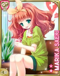 Rule 34 | 1girl, :d, bench, bow, character name, curly hair, girlfriend (kari), green eyes, green jumpsuit, hair bow, holding, hospital, indoors, jumpsuit, looking at viewer, medium hair, official art, open mouth, qp:flapper, red hair, ribbon, rolled up pantslegs, rolled up sleeves, saeki marika, sitting, smile, tagme, yellow ribbon