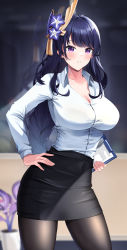 Rule 34 | 1girl, alternate costume, black pantyhose, black skirt, blue hair, blurry, blurry background, bra visible through clothes, breasts, buttons, cleavage, commentary request, genshin impact, hair ornament, hand on own hip, highres, holding, lancheu, large breasts, long hair, long sleeves, looking at viewer, office lady, pantyhose, parted lips, pink eyes, raiden shogun, shirt, skirt, solo, standing, white shirt