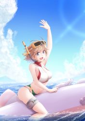 Rule 34 | 1girl, bag, beach, bikini, blue eyes, breasts, brown hair, cannon, collarbone, day, flipped hair, goggles, goggles on head, green bikini, hair between eyes, hairband, headgear, hiei (kancolle), highres, inflatable toy, kantai collection, looking at viewer, medium breasts, meihemu, open mouth, outdoors, ship, short hair, smile, solo, swimsuit, turret, turtleneck, watercraft, white bikini, wristband