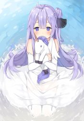 Rule 34 | 1girl, ahoge, azur lane, bad id, bad pixiv id, bare shoulders, black ribbon, blush, canape (canape0130), commentary request, covered mouth, detached sleeves, dress, hair between eyes, hair bun, hair ribbon, long hair, long sleeves, hugging object, purple eyes, purple hair, ribbon, see-through, side bun, single hair bun, single side bun, sitting, sleeves past wrists, solo, stuffed animal, stuffed pegasus, stuffed toy, stuffed unicorn, stuffed winged unicorn, thighhighs, unicorn (azur lane), very long hair, wariza, water, white dress, white thighhighs