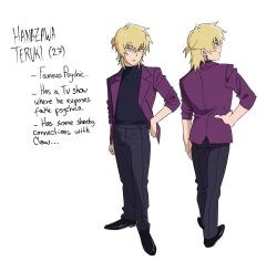Rule 34 | 1boy, aged up, alternate universe, black footwear, black pants, black shirt, blonde hair, ch0og0o, character age, character name, character sheet, closed mouth, commentary, earrings, english commentary, english text, full body, hanazawa teruki, hand on own hip, highres, jacket, jewelry, looking at viewer, male focus, mob psycho 100, necklace, open clothes, open jacket, pants, purple jacket, shirt, shoes, short hair, short ponytail, simple background, solo, standing, white background
