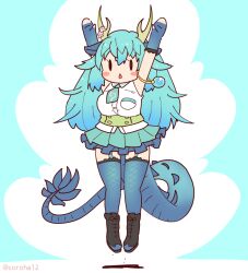 Rule 34 | 1girl, animal ears, black eyes, blue background, blue dragon (kemono friends), blue hair, boots, coroha, dragon girl, dragon horns, dragon tail, elbow gloves, extra ears, fingerless gloves, full body, gloves, horns, jumping, kemono friends, kemono friends 3, long hair, looking at viewer, necktie, shirt, simple background, skirt, sleeveless, sleeveless shirt, solo, tail, thighhighs
