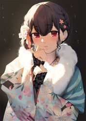 Rule 34 | 1girl, black hair, blue kimono, blush, braid, commentary request, floral print, flower, fur scarf, gin00, hair flower, hair ornament, hands up, idolmaster, idolmaster shiny colors, japanese clothes, kimono, long sleeves, looking at viewer, morino rinze, paid reward available, parted lips, print kimono, red eyes, solo, upper body, wide sleeves