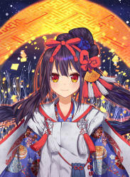 Rule 34 | 1girl, absurdres, black hair, blue flower, blue kimono, blue rose, bow, brown eyes, closed mouth, commentary, fate/grand order, fate/kaleid liner prisma illya, fate (series), floral print, flower, hair between eyes, hair bow, hair flower, hair ornament, has bad revision, has downscaled revision, highres, japanese clothes, kimono, long hair, looking at viewer, md5 mismatch, miyu edelfelt, miyu edelfelt (third ascension), multicolored eyes, print kimono, red bow, red eyes, resolution mismatch, revision, rose, smile, solo, source smaller, upper body, very long hair, wang man