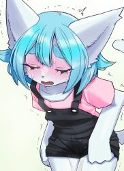 Rule 34 | 1girl, animal ears, black overalls, blue fur, blue hair, blush, cat ears, cat girl, cat tail, closed eyes, crying, fang, female focus, furry, furry female, open mouth, overall shorts, overalls, peeing, peeing self, pink shirt, shirt, simple background, solo, standing, tail, tears, trembling, unousaya