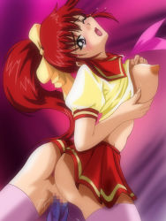 Rule 34 | 1girl, anus, ass, black eyes, blush, breasts, censored, clothes lift, hair ornament, large breasts, long hair, mitsurugi ryouko, nipples, no bra, no panties, one eye closed, open mouth, ponytail, pussy, real bout high school, red hair, school uniform, shirt lift, skirt, socks, standing, tears, wet, wink