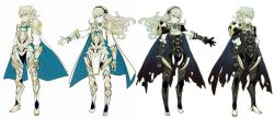 Rule 34 | 1boy, 1girl, armor, barefoot, black armor, breasts, cape, cleavage, concept art, corrin (female) (fire emblem), corrin (female) (nohr noble) (fire emblem), corrin (fire emblem), corrin (male) (fire emblem), fire emblem, fire emblem fates, full body, gauntlets, hair between eyes, hairband, looking at viewer, nintendo, official alternate costume, official art, pointy ears, red eyes, short hair, standing, thighs, torn cape, torn clothes, white hair