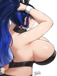 Rule 34 | 1girl, animal ears, armpits, ass, back, batako (batakoart), black hairband, black neckwear, blue hair, blush, breasts, butt crack, cleavage, commission, crop top, curvy, fake animal ears, fake tail, from side, green eyes, hairband, highres, huge breasts, long hair, original, ponytail, rabbit ears, rabbit tail, shiny skin, signature, simple background, solo, tail, tying hair, upper body, veins, veiny breasts, very long hair, white background, wrist cuffs