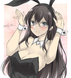 Rule 34 | 1girl, alternate breast size, alternate costume, animal ears, artist name, black hair, black leotard, blush, breasts, cleavage, closed mouth, dated, detached collar, fake animal ears, gakky, glasses, grey eyes, kantai collection, large breasts, leotard, long hair, looking at viewer, one-hour drawing challenge, ooyodo (kancolle), playboy bunny, rabbit pose, semi-rimless eyewear, solo, under-rim eyewear, very long hair, wrist cuffs
