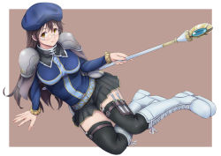 Rule 34 | 1girl, arm support, armor, beret, black thighhighs, boots, brown eyes, brown hair, cross-laced footwear, garter straps, glasses, hat, knee boots, knife, lace-up boots, long hair, lying, on side, original, pauldrons, sheath, shoulder armor, skirt, solo, staff, thigh strap, thighhighs, toriatto gununu, white footwear, zettai ryouiki