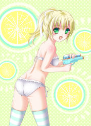 Rule 34 | 1girl, :d, ass, bad id, bad pixiv id, bare shoulders, bikini, blonde hair, breasts, dimples of venus, fang, female focus, from behind, green eyes, ikeda yuuki, long hair, looking back, open mouth, original, ponytail, side-tie bikini bottom, smile, solo, striped clothes, striped thighhighs, swimsuit, thighhighs, water gun, white bikini