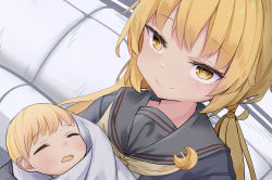 Rule 34 | 2girls, aged down, baby, black jacket, black sailor collar, blonde hair, commentary request, crescent, crescent pin, dual persona, jacket, kantai collection, logiclr, long hair, multiple girls, neckerchief, sailor collar, satsuki (kancolle), satsuki kai ni (kancolle), twintails, yellow eyes, yellow neckerchief