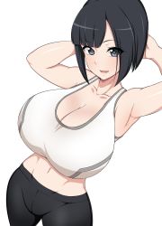 Rule 34 | 1girl, :d, absurdres, arms up, bare arms, black hair, black pants, blunt bangs, breasts, cleavage, collarbone, commentary request, grey eyes, highres, huge breasts, jabara tornado, looking at viewer, navel, open mouth, original, pants, short hair, sidelocks, simple background, smile, solo, sports bra, standing, toned, white background, white sports bra, yoga pants