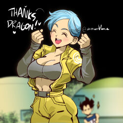 Rule 34 | 1boy, 1girl, ^ ^, amartbee, ass, blue hair, blurry, blurry background, blush, bra, breasts, bulma, cleavage, closed eyes, dragon ball, dragon ball super, dragon ball super super hero, earrings, english text, gloves, grey bra, happy, heart, highres, husband and wife, jacket, jewelry, large breasts, mature female, medium breasts, navel, open clothes, open jacket, open mouth, short hair, teeth, underwear, upper teeth only, vegeta, white gloves, yellow jacket