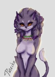 Rule 34 | 1girl, alternate form, animal ears, breasts, cat ears, cat girl, cat tail, claws, colored sclera, earrings, fangs, furry, highres, isabella (seiken densetsu 3), jewelry, necklace, no nipples, patecko, purple fur, purple hair, red sclera, seiken densetsu, seiken densetsu 3, sketch, slit pupils, tail