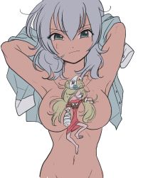 Rule 34 | 10s, 2girls, armpits, arms behind head, bandaged arm, bandages, binbougami ga!, blonde hair, blush, breasts, convenient censoring, dress, embarrassed, giant, giantess, green eyes, grey hair, hair over one eye, large breasts, long hair, long image, low twintails, mini person, minigirl, momiji (binbougami ga!), multiple girls, navel, nude, overalls, person between breasts, red dress, red overalls, sakura ichiko, squinting, sweatdrop, tall image, triangular headpiece, twintails, undressing, upper body, white background