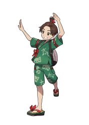 Rule 34 | 1boy, absurdres, arms up, artist request, backpack, bag, bangs pinned back, blush, brown eyes, brown hair, child, collarbone, creatures (company), cross-laced clothes, florian (pokemon), forehead, full body, game freak, green shirt, green shorts, grin, hair tie, happy, highres, leg up, light blush, male focus, matching hair/eyes, multicolored footwear, nintendo, official art, outline, pocket, pokemon, pokemon sv, print shirt, print shorts, sandals, shirt, short hair, short sleeves, shorts, sidelocks, simple background, smile, solo, standing, standing on one leg, teeth, topknot, transparent background, white outline