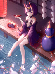 Rule 34 | 1girl, absurdres, alcohol, bare shoulders, blush, bob cut, breasts, collarbone, cup, eyeliner, fate/grand order, fate (series), food, fruit, gourd, grapes, headpiece, highres, horns, japanese clothes, kimono, legs, long sleeves, looking at viewer, makeup, off shoulder, oni, open mouth, peach, purple eyes, purple hair, purple kimono, sakazuki, sake, short eyebrows, short hair, shuten douji (fate), sitting, skin-covered horns, small breasts, smile, solo, water, wide sleeves, zu mi