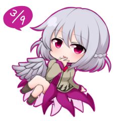 Rule 34 | 1girl, bad id, bad twitter id, bow, bowtie, chibi, dated, dress, jacket, kishin sagume, open clothes, purple dress, red eyes, shiohachi, shirt, short hair, silver hair, single wing, solo, touhou, wings