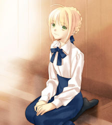 Rule 34 | 1girl, ahoge, artoria pendragon (all), artoria pendragon (fate), bad id, bad pixiv id, black pantyhose, blonde hair, blouse, braid, casual, fate/stay night, fate (series), green eyes, kneeling, own hands together, pantyhose, plantar flexion, saber (fate), shirt, sitting, smile, solo, taa (acid), white shirt, wooden floor