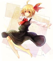 Rule 34 | 1girl, ascot, barefoot, blonde hair, hair ribbon, long sleeves, open mouth, outstretched arm, red eyes, ribbon, rumia, shirt, skirt, skirt set, smile, solo, suzuna (mark of luck), touhou, vest