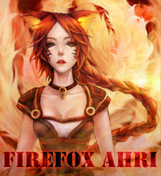 Rule 34 | 1girl, ahri (league of legends), alternate costume, alternate eye color, animal ears, armor, bad id, bad pixiv id, braid, breasts, character name, cleavage, collar, facial mark, fire, fox ears, fox tail, foxfire ahri, half-closed eyes, kapikun (karsen513), league of legends, lips, long hair, looking at viewer, mozilla firefox, orange eyes, parted lips, pauldrons, realistic, red eyes, red hair, shoulder armor, slit pupils, solo, tail, upper body, very long hair, whisker markings, yellow eyes