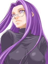 Rule 34 | 00s, 1girl, breasts, covered erect nipples, fate/stay night, fate (series), glasses, jpeg artifacts, large breasts, long hair, medusa (fate), medusa (rider) (fate), official alternate costume, purple hair, shinama, simple background, solo, square pupils, turtleneck, upper body, white background