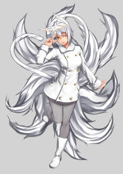 Rule 34 | 1girl, :p, animal ears, full body, grey background, lipe-san, multiple tails, original, pantyhose, simple background, solo, standing, standing on one leg, tail, tongue, tongue out, v over eye, white hair