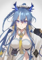 Rule 34 | 1girl, arknights, black gloves, blue eyes, blue hair, blush, braid, breasts, closed mouth, coat, detached collar, dragon horns, earrings, elbow gloves, gloves, gourd, gradient hair, highres, holding, horns, jewelry, large breasts, ling (arknights), long hair, long sleeves, looking at viewer, midriff, midriff peek, multicolored hair, nanatsuka, necktie, non porn, open clothes, open coat, pointy ears, pouch, red hair, smile, solo, streaked hair, underbust, upper body, very long hair, white coat, white hair, wide sleeves, yellow necktie