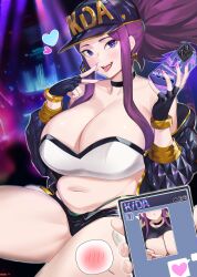 Rule 34 | 1girl, absurdres, akali, baseball cap, belt, black gloves, breasts, cleavage, commission, cropped jacket, curvy, fingerless gloves, gloves, gold trim, hat, highleg, highleg panties, highres, holding, holding phone, holding photo, huge breasts, jacket, k/da (league of legends), league of legends, midriff, navel, official alternate costume, panties, pants, phone, photo (object), pixiv commission, plump, ponytail, purple hair, selfie, shio05 (05 sio), short shorts, shorts, solo, underwear, v