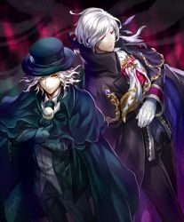 Rule 34 | 2boys, artist request, cape, edmond dantes (fate), fate/grand order, fate (series), fedora, formal, frown, gloves, hat, jewelry, long hair, looking at another, male focus, multiple boys, ponytail, red eyes, short hair, suit, wavy hair, white hair, yellow eyes